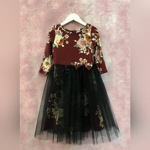 Floral Kids Casual Dress - Maroon and Black